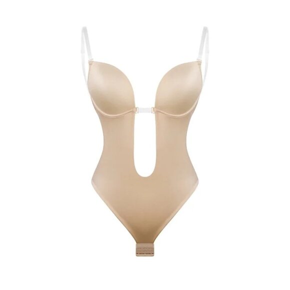 Backless Deep U Plunge Thong Bodysuit Built-in Invisible Bra Sculpting Shapewear - Picture 7 of 9